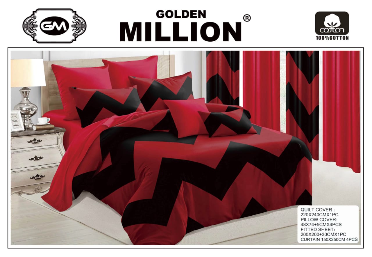 Golden Million-Bedsheet Set with Curtains- Zig Zag Red 100% Cotton ClassySouq-shop-Golden-Million-Bedsheet-Set-with-Curtains-Zig-Zag-Red-100% Cotton